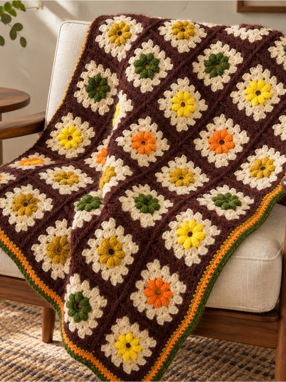 Vintage 1960s Crochet Floral Granny Square Throw
